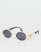 Asos Design Metal Oval Sunglasses In Gold With Smoke Lens And Faux Pearl Temple - Gold