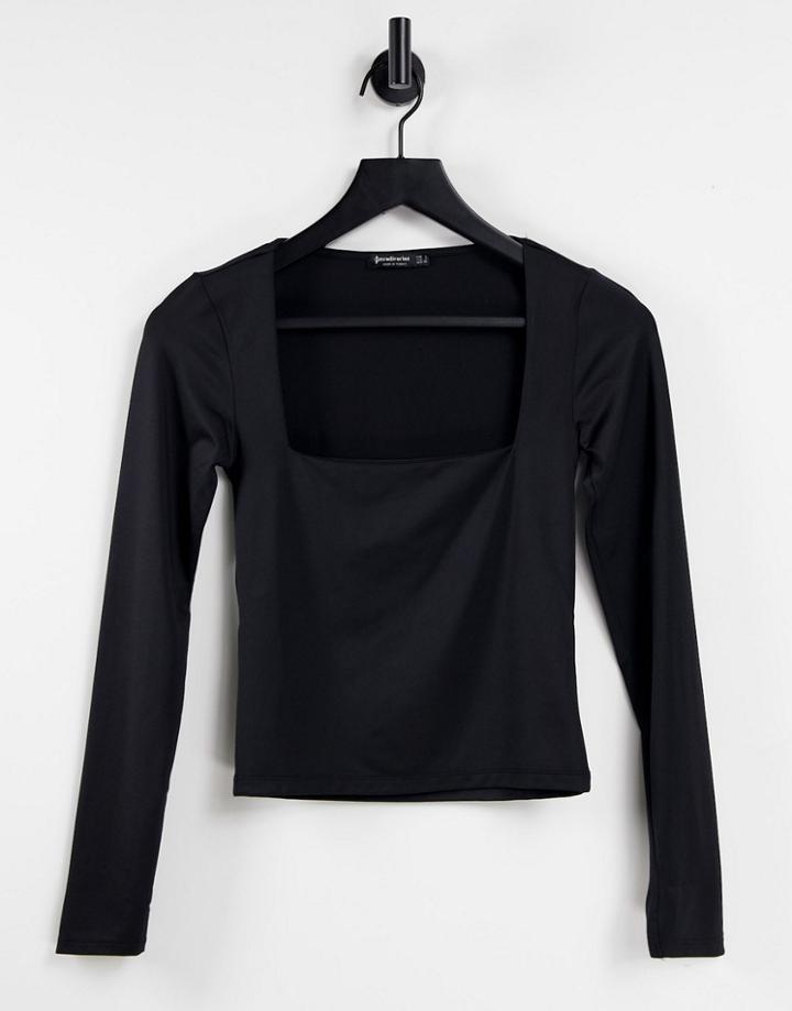 Stradivarius Square Neck Long Sleeve Jersey Top In Black