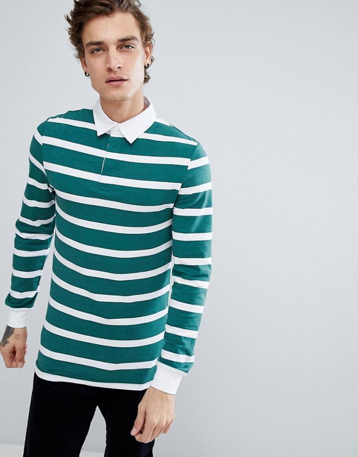 Asos Muscle Long Sleeve Stripe Rugby Polo - Green