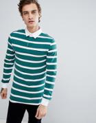 Asos Muscle Long Sleeve Stripe Rugby Polo - Green