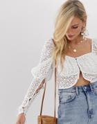 Asos Design Long Sleeve Broderie Square Neck Top - White