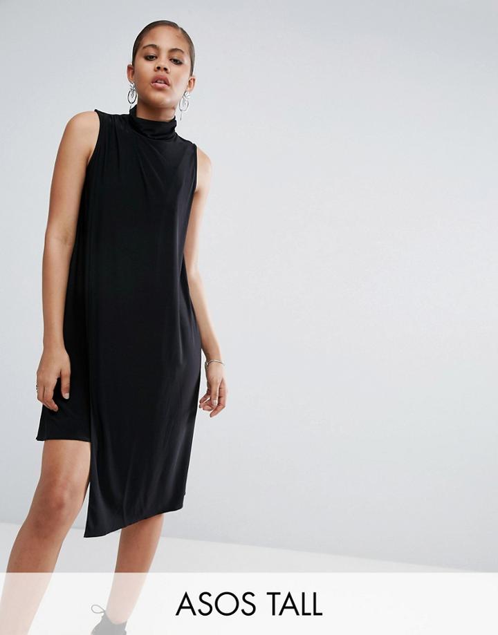 Asos Tall Slinky High Neck Shift Dress With Asymmetric Hem - Black