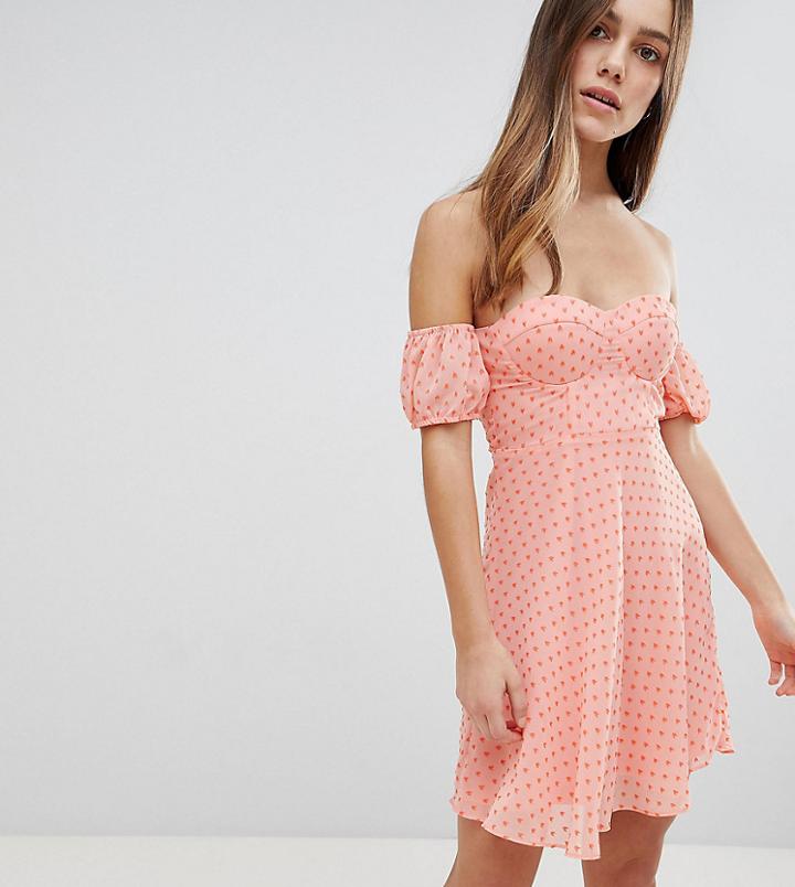 Glamorous Petite Off Shoulder Mini Dress With Sweetheart Neckline In Polka Dot-pink