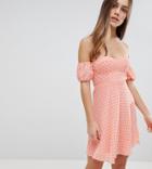 Glamorous Petite Off Shoulder Mini Dress With Sweetheart Neckline In Polka Dot-pink