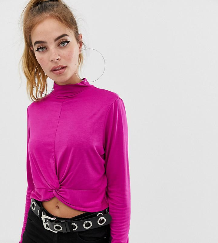 Boohoo Petite Exclusive Twist Front High Neck Crop Top In Neon Pink - Pink