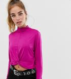Boohoo Petite Exclusive Twist Front High Neck Crop Top In Neon Pink - Pink