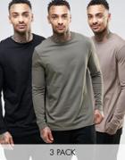 Asos Longline Long Sleeve T-shirts 3 Pack Save 23% - Multi