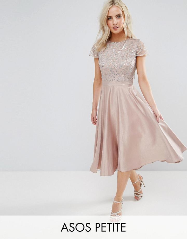 Asos Petite Lace Metallic Crop Top Midi Skater Dress - Silver