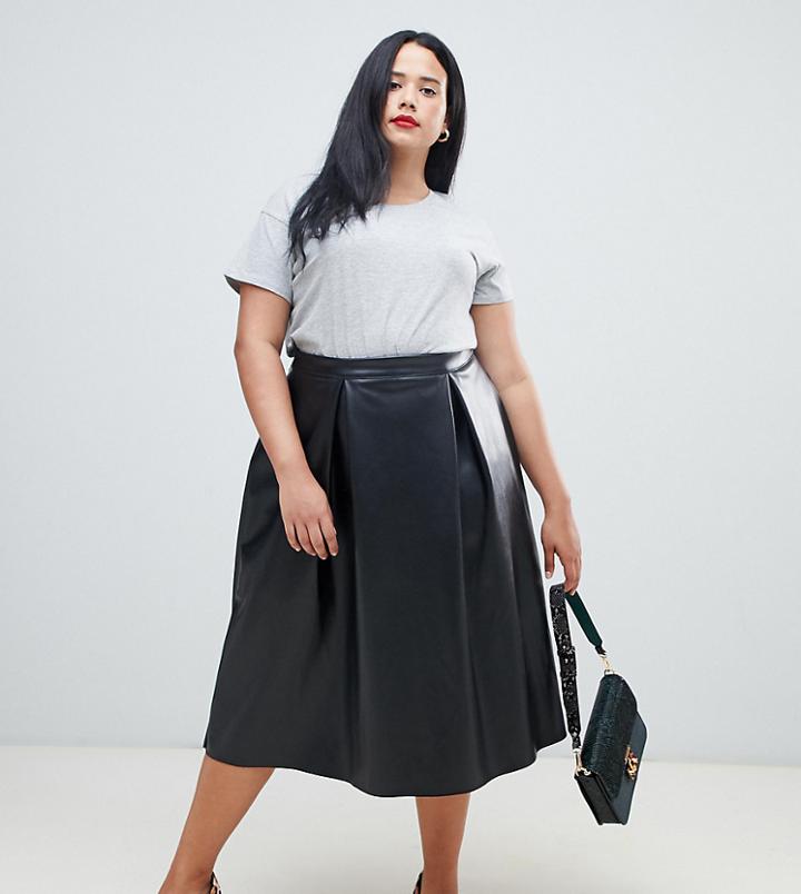 Asos Design Curve Leather Look Full Midi Skirt With Box Pleats - Black