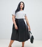 Asos Design Curve Leather Look Full Midi Skirt With Box Pleats - Black