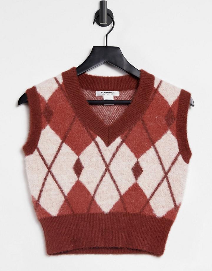 Glamorous Cropped Relaxed Sweater Vest In Rust Argyle Knit-multi