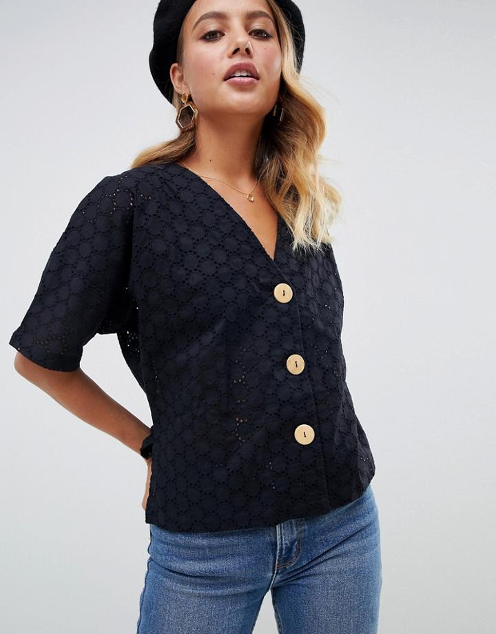 Asos Design Button Through Top In Broderie-black