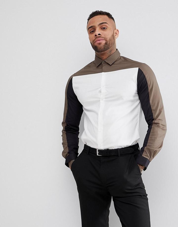 Asos Stretch Slim Cut And Sew Shirt With Khaki Panel - White