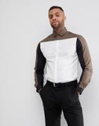 Asos Stretch Slim Cut And Sew Shirt With Khaki Panel - White