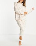 Chelsea Peers Cozy Gold Foil Zip Front Sweatshirt And Sweatpants Set In Cream-white