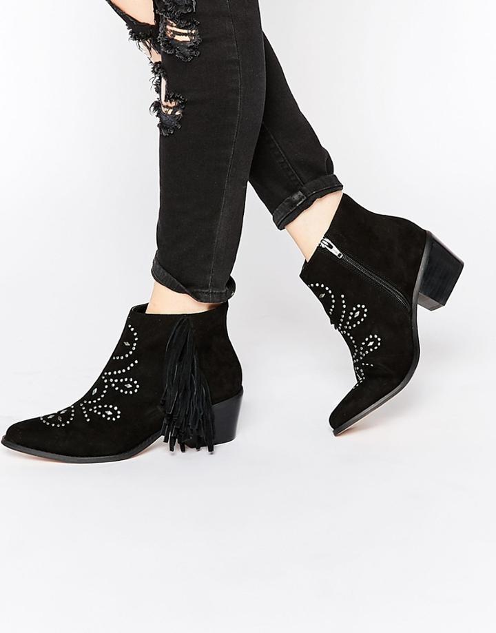 Miss Kg Simone Black Fringed Cowboy Boots - Black