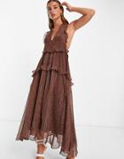 Asos Design Textured Chiffon Midi Dress With Lurex Stripe And Satin Tie Detail-brown