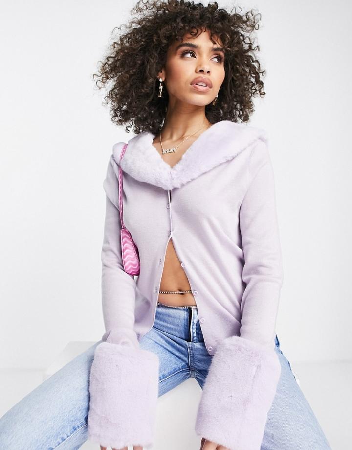Jayley Detachable Faux Fur 90s Cardigan In Lilac-purple