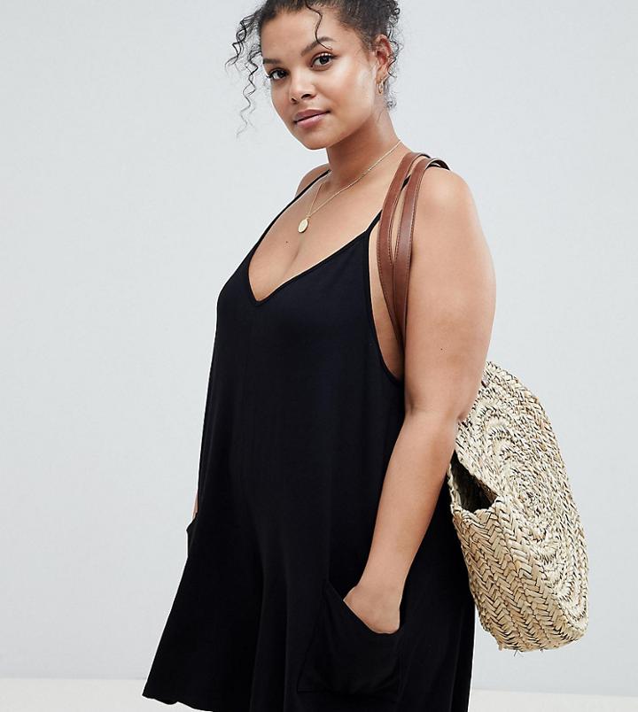 Asos Design Curve Jersey Minimal Romper With Pockets - Black