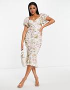 Asos Design Puff Sleeve Mesh Ruched Wrap Around Pephem Midi Dress In Soft Floral Print-multi