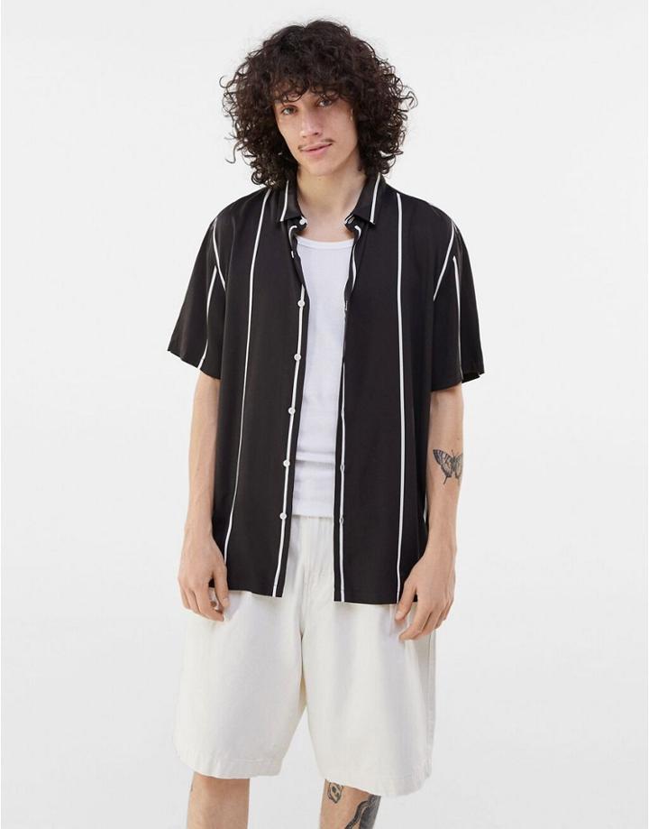 Bershka Jersey Vertical Stripe Shirt In Black