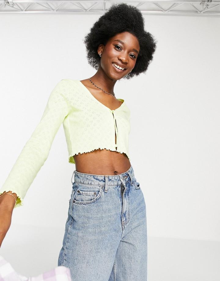 Miss Selfridge Long Sleeve Heart Pointelle Tie Front Cardigan In Lime Green