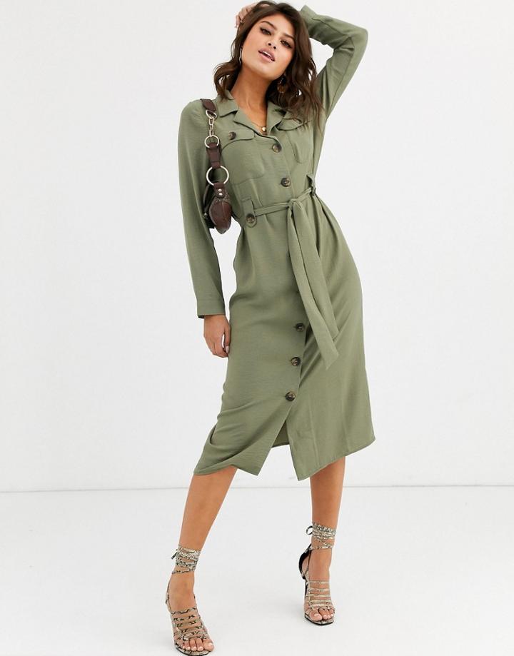 Asos Design Utility Button Through Midi Shirt Dress-green
