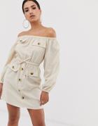 Asos Design Off Shoulder Utility Mini Dress With Pocket Detail-cream