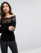 Lipsy Off Shoulder Sweater With Eyelash Lace Trim - Black