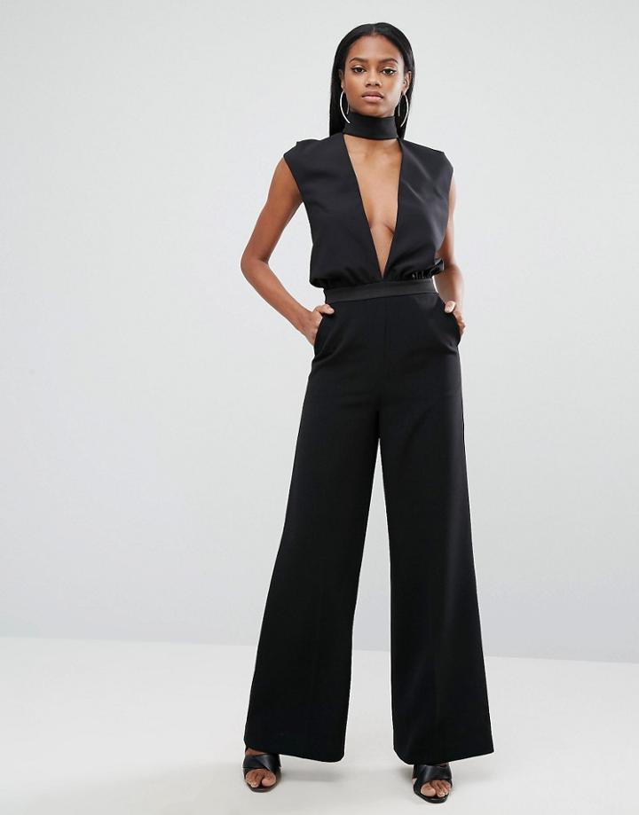Aq/aq Plunge Front Jumpsuit With Choker Detail - Black