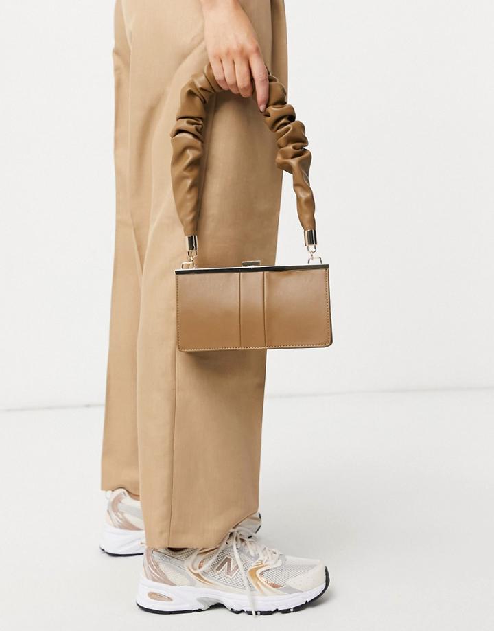 Asos Design Ruched Strap Frame Shoulder Bag In Beige-brown