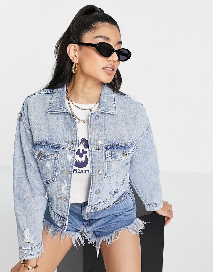 Stradivarius Cropped Denim Jacket With Rips In Medium Blue