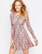 Qed London Long Sleeve Printed Skater Dress - Rose