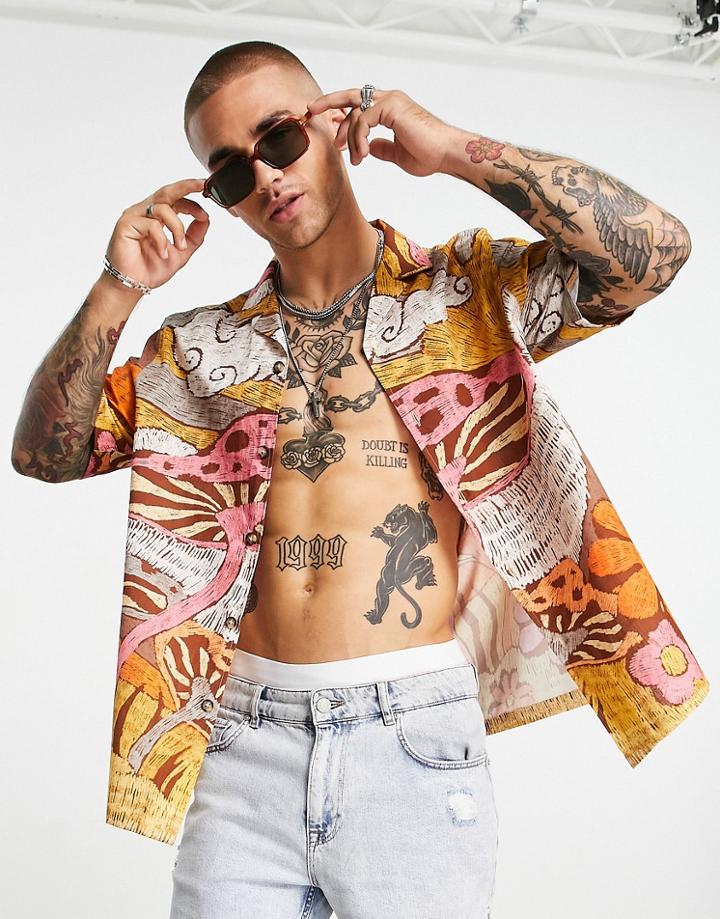 Asos Design Relaxed Revere Shirt In Linen Mix With Mushroom Placement Print-orange
