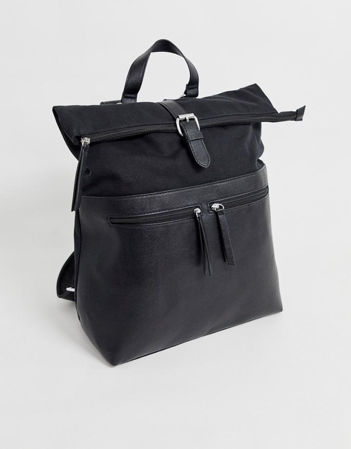 Asos Design Backpack In Black With Faux Leather Front Double Pockets - Black