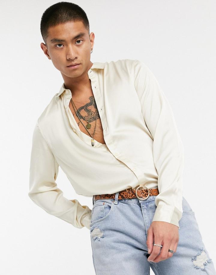 Asos Design Regular Fit Satin Shirt In Stone-neutral