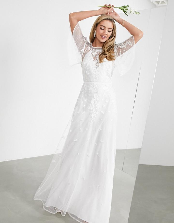 Asos Edition Annie Floral Embroidered Flutter Sleeve Wedding Dress-white