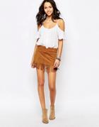 Pull & Bear Suedette Fringe Skirt - Tan