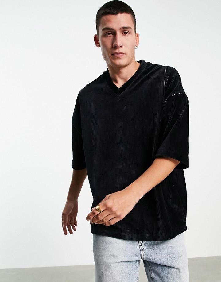 Asos Design Oversized V Neck T-shirt In Black Ribbed Velour