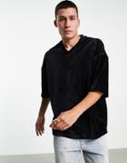 Asos Design Oversized V Neck T-shirt In Black Ribbed Velour