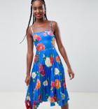 Asos Design Tall Scuba Floral Cami Pleated Midi Prom Dress - Multi