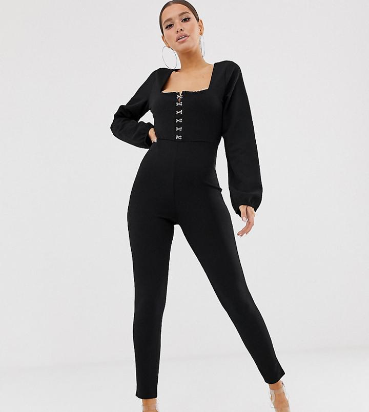 Missguided Square Neck Hook And Eye Lace Trim Jumpsuit In Black - Black