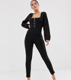 Missguided Square Neck Hook And Eye Lace Trim Jumpsuit In Black - Black
