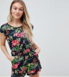 Brave Soul Petite Lenore Floral Print Romper With Ladder Detail - Blue