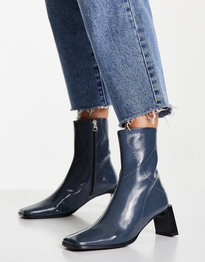 Asos Design Rosa Premium Leather Heeled Ankle Boots In Blue-blues