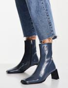Asos Design Rosa Premium Leather Heeled Ankle Boots In Blue-blues