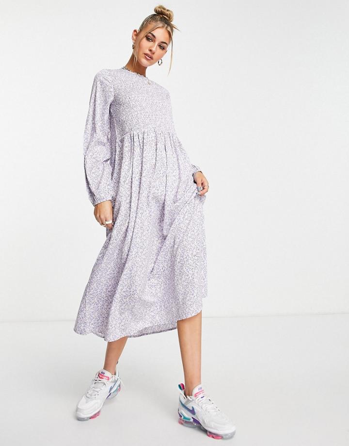 Daisy Street Shirring Detail Smock Midi Dress In Lilac Floral-multi