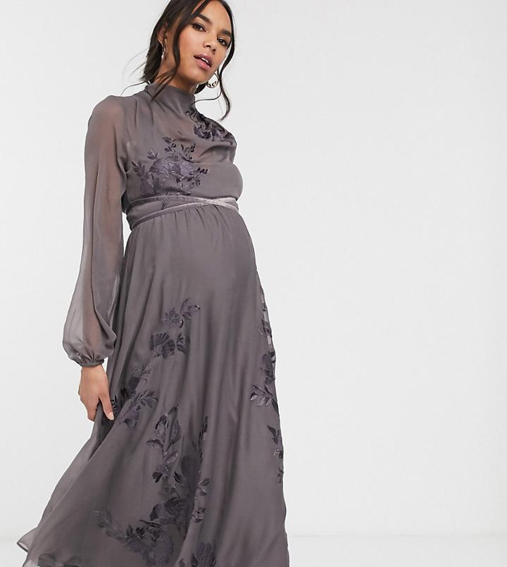 Asos Design Maternity High Neck Embroidered Midi Dress-green