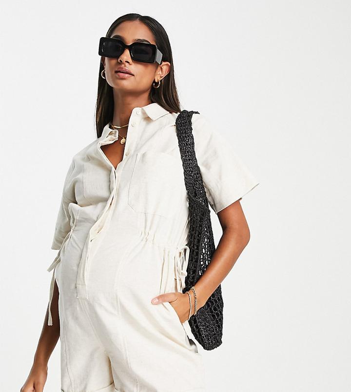 Asos Design Maternity Short Sleeve Tie Waist Romper In Stone-neutral