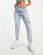 New Look Ripped Mom Jeans In Light Blue-blues